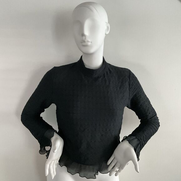 Anthropologie Blue Tassel Top Black Ruffle Turtleneck Pull Over M - Picture 9 of 10
